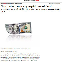 El mercado de fusiones y adquisiciones de Mxico totaliza ms de 11.500 millones hasta septiembre, segn TTR